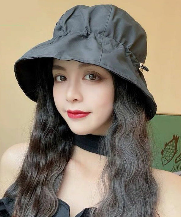 Modern Black Patchwork Drawstring Solid Bucket Hat