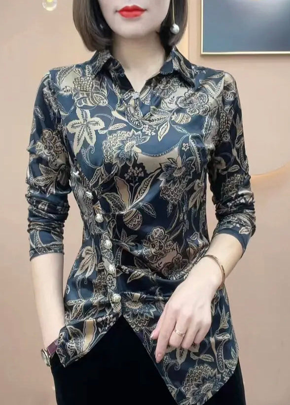 Modern Black Peter Pan Collar Print Patchwork Silk Shirts Fall