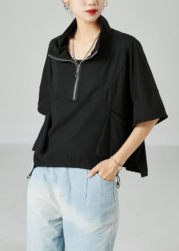 Modern Black Stand Collar Zip Up Cotton Tank Summer