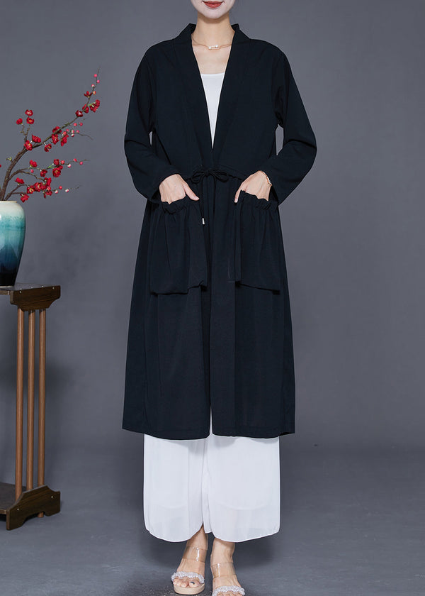 Modern Black Tie Waist Pockets Cotton Trench Coat Fall