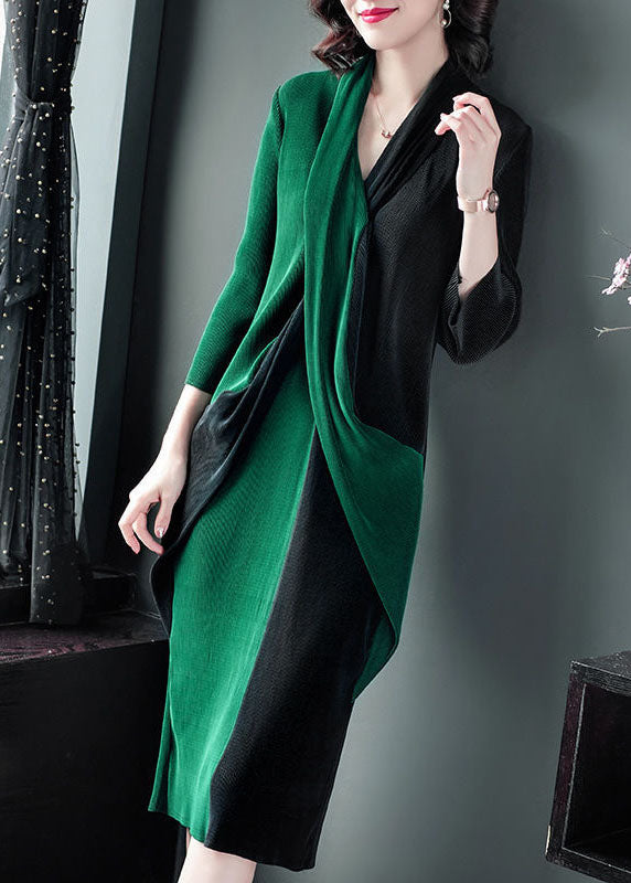 Modern Blackish Green V Neck Patchwork Wrinkled Maxi Dress Long Sleeve