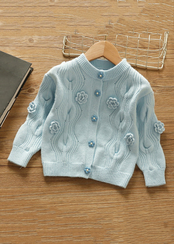 Modern Blue O-Neck Button Patchwork Knit Girls Cardigan Fall