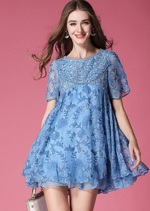 Modern Blue O-Neck Embroidered Organza Dresses Summer