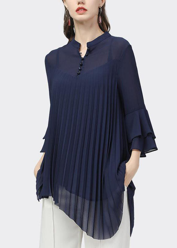 Modern Blue Stand Collar Asymmetrical Wrinkled Chiffon Shirt Tops Bracelet Sleeve