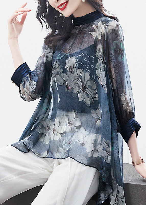 Modern Blue Stand Collar Print Asymmetrical Silk Shirt Long Sleeve