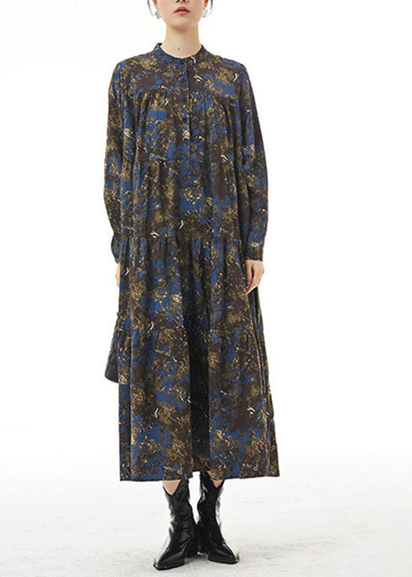 Modern Blue Stand Collar Print Wrinkled Patchwork Cotton Dresses Spring