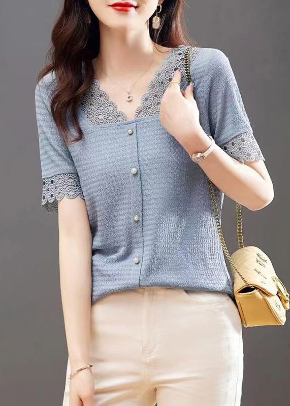 Modern Blue V Neck Hollow Out Lace Patchwork Shirt Summer