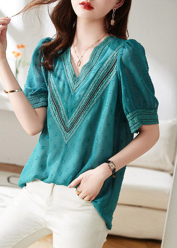 Modern Blue V Neck Patchwork Chiffon T Shirt Short Sleeve