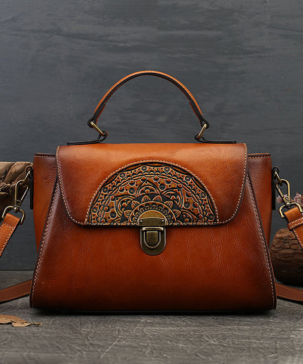 Modern Brown Jacquard Calf Leather Women's Satchel Handbag