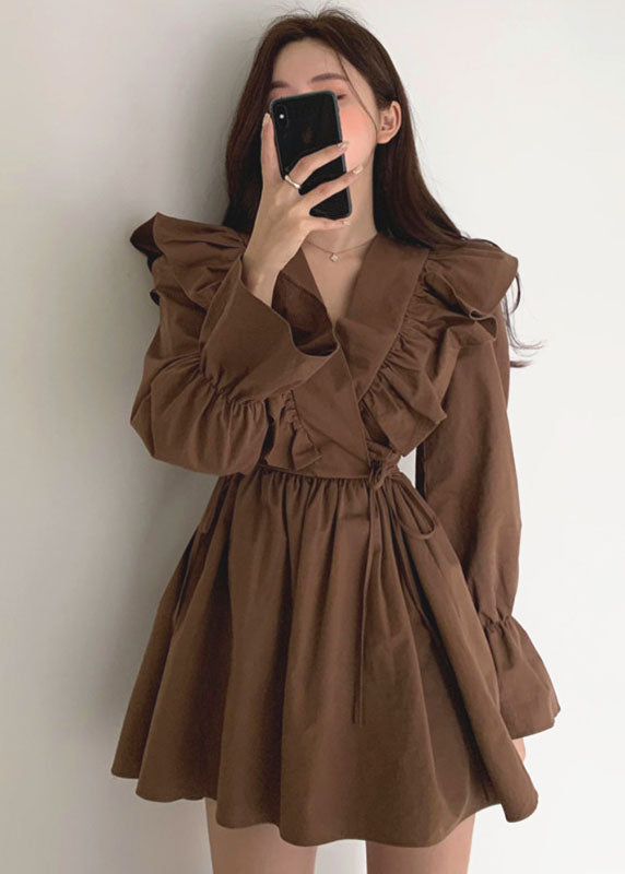 Modern Chocolate V Neck Ruffles Tie Waist Cotton Vacation Dress Spring