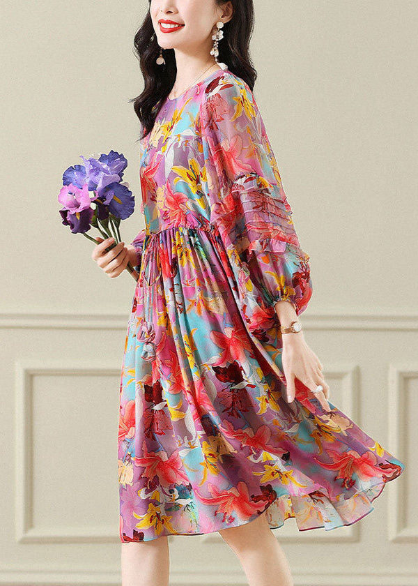 Modern Colorblock O Neck Wrinkled Patchwork Print Chiffon Dress Spring