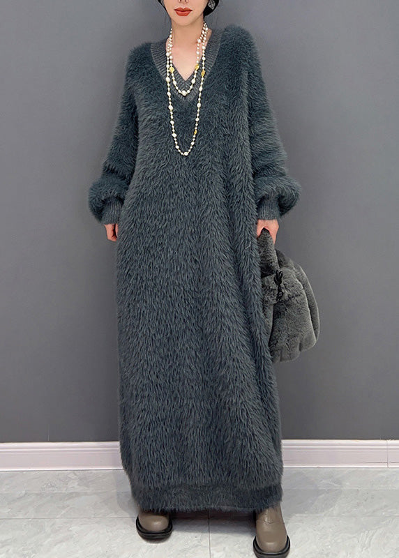 Modern Dark Gray V Neck Mink Velvet Knit Ankle Dress Winter