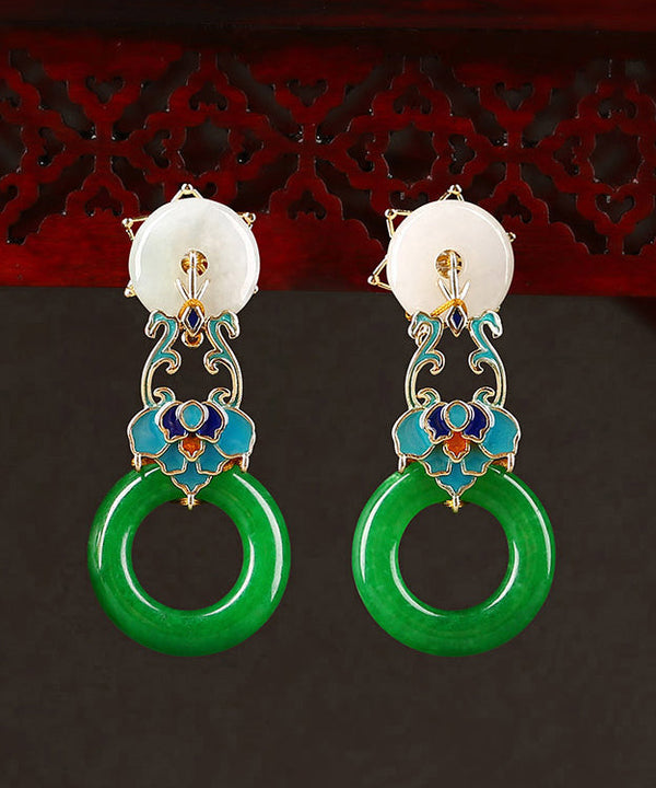 Modern Green Copper Cloisonne Jadeite Dry Green Floral Drop Earrings