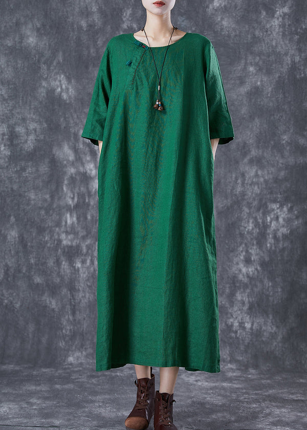 Modern Green O-Neck Chinese Button Linen A Line Dress Summer