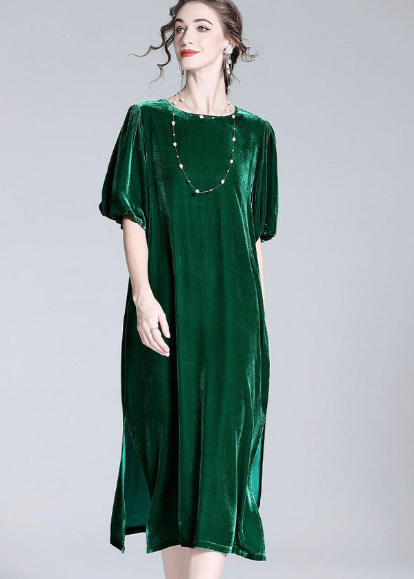 Modern Green O Neck Patchwork Side Open Silk Velour Dresses Summer