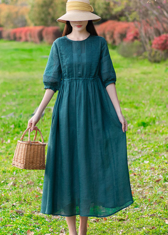 Modern Green O-Neck Wrinkled Button Solid Color Linen Cinch Dress Half Sleeve