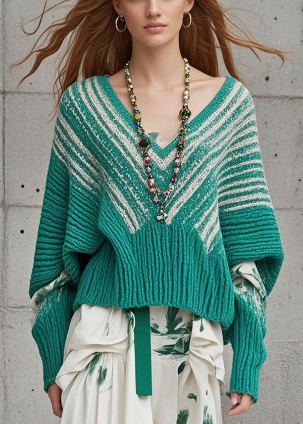 Modern Green Oversized Knit Sweater Tops Batwing Sleeve