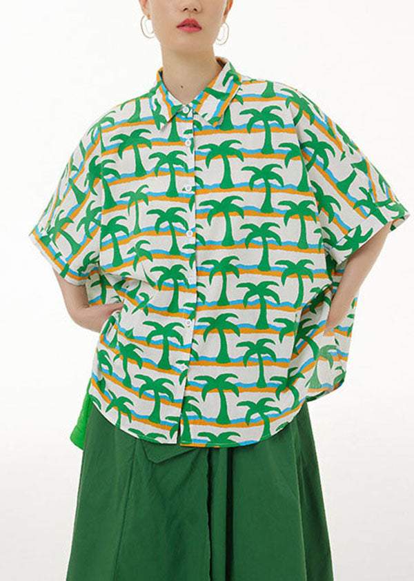 Modern Green Peter Pan Collar Print Cotton Shirts Top Summer