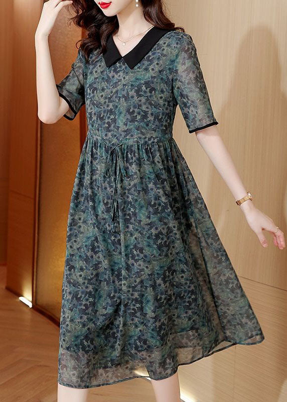 Modern Green Peter Pan Collar Print Drawstring Patchwork Silk Dresses Summer