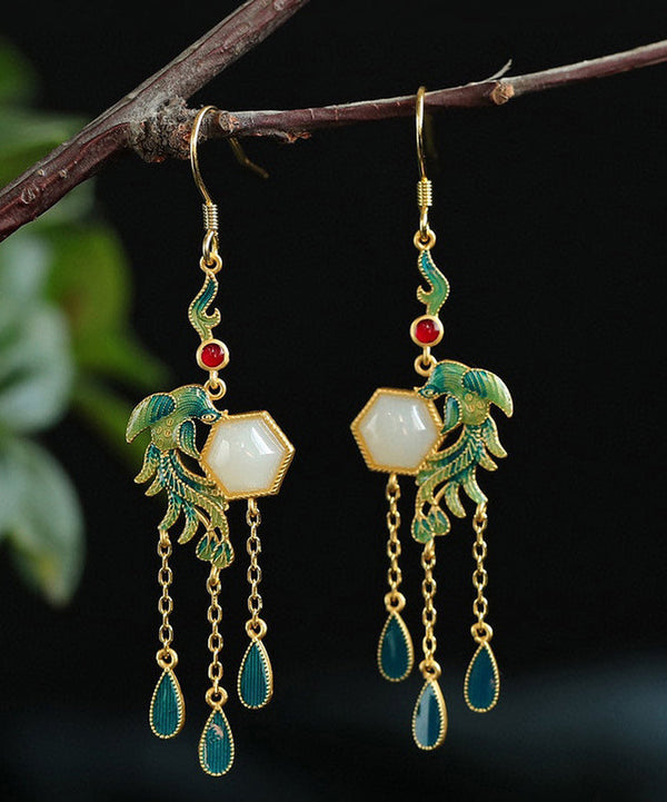 Modern Green Silver Gem Stone Phoenix Tassel Drop Earrings