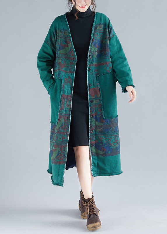 Modern Green V Neck Patchwork Warm Fleece Loose Cardigans Winter