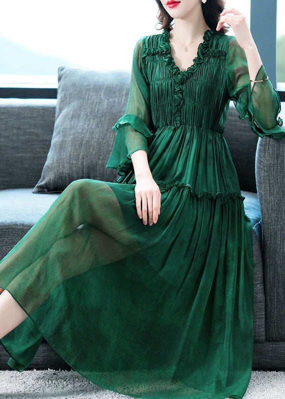 Modern Green V Neck Ruffled Patchwork Silk Dress Summer