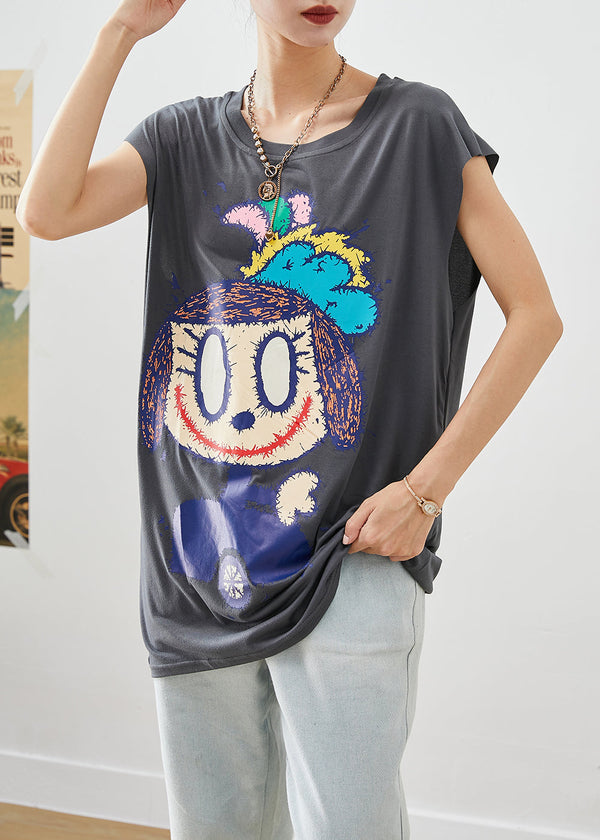 Modern Grey Oversized Cartoon Applique Cotton Vest Tops Sleeveless