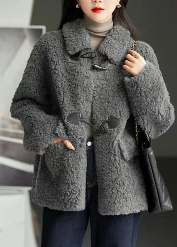 Modern Grey Peter Pan Collar Pockets Patchwork Wool Coats Winter