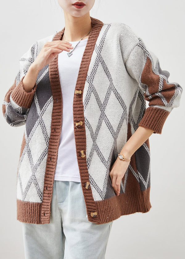 Modern Khaki Oversized Plaid Knit Jacket Spring