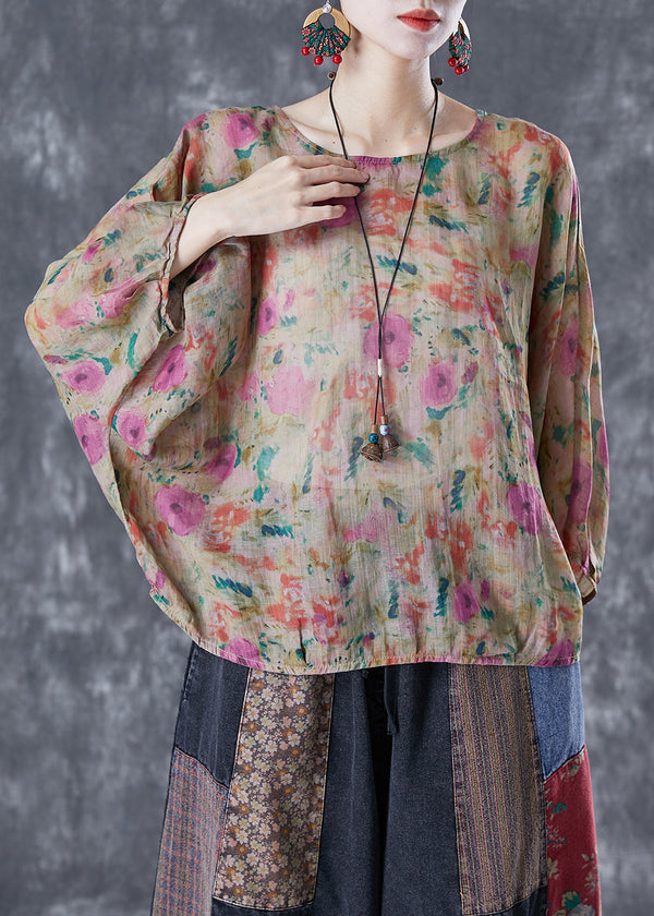 Modern Khaki Oversized Print Linen Blouse Top Batwing Sleeve