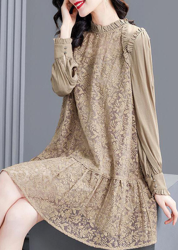 Modern Khaki Stand Collar Patchwork Wrinkled Lace Dress Spring