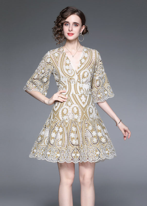 Modern Khaki V Neck Embroidered Hollow Out Lace Dress Flare Sleeve