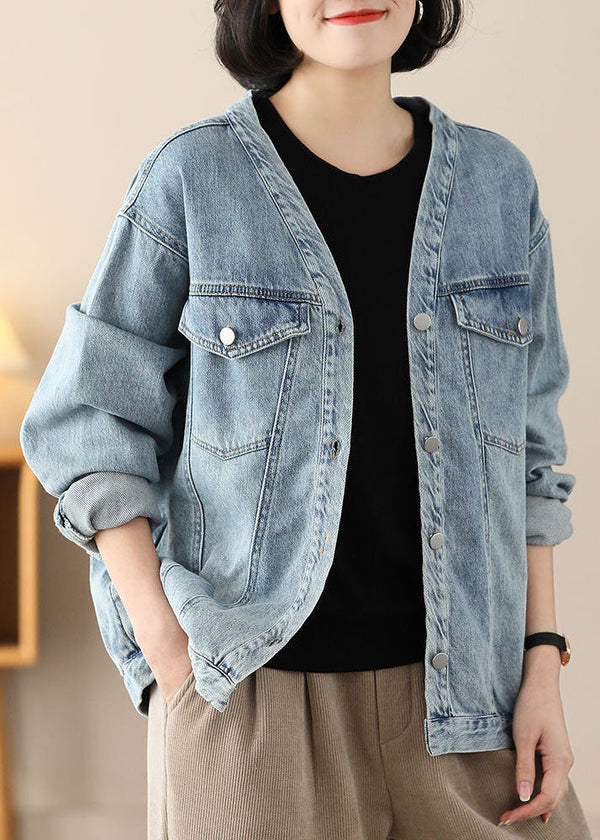 Modern Light Blue V Neck Oversized Cotton Denim Coats Spring