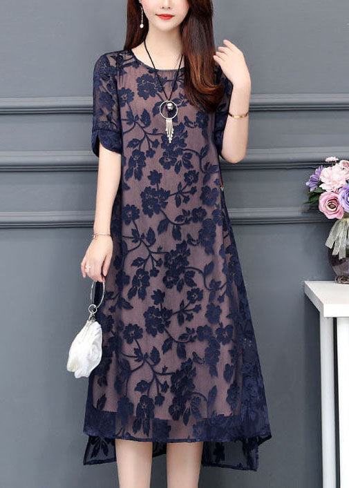 Modern Navy O-Neck Embroidered Chiffon Long Dress Summer