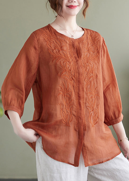 Modern Orange Embroidered Linen Shirts Bracelet Sleeve