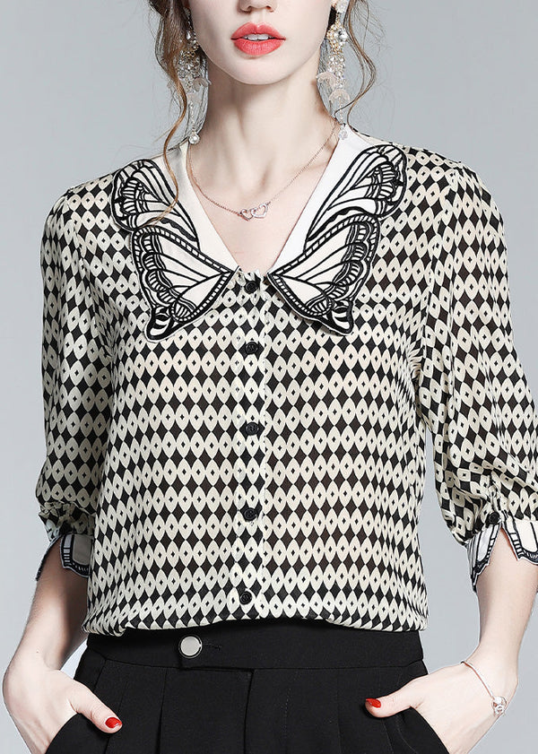 Modern Peter Pan Collar Print Silk Shirt Half Sleeve