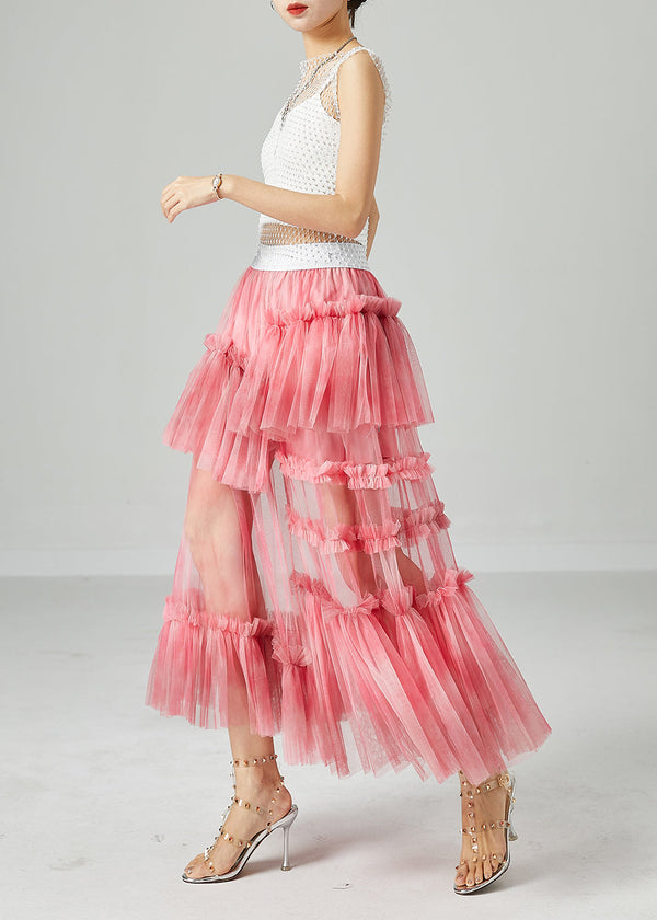 Modern Pink Elastic Waist Patchwork Hollow Out Tulle Skirt Summer