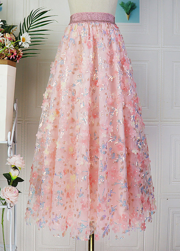 Modern Pink Embroidered Floral High Waist Sequins Tulle Maxi Skirt Spring