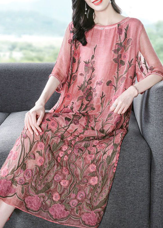 Modern Pink O-Neck Embroidered Silk A Line Dress Half Sleeve