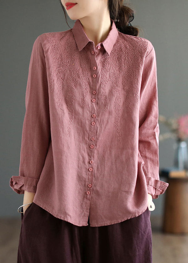 Modern Pink Peter Pan Collar Embroidered Linen Shirts Spring