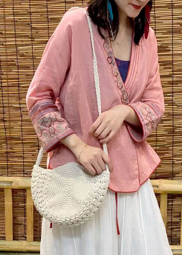 Modern Pink V Neck Embroidered Floral Linen Tops Long Sleeve