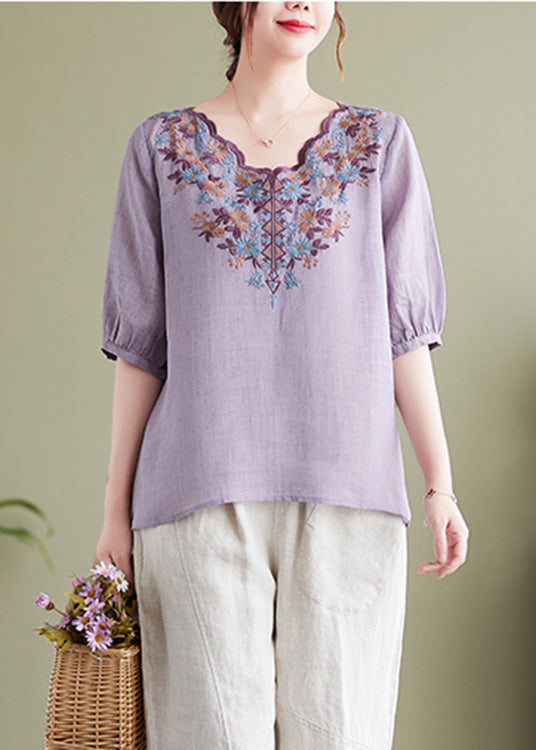 Modern Purple Embroidered Cotton Top Summer