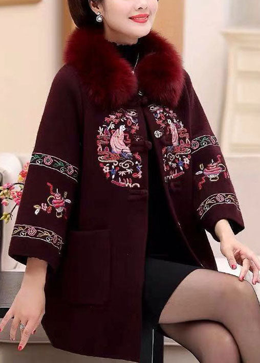 Modern Purple Fox Collar Embroidered Pockets Woolen Coats Winter