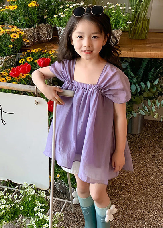 Modern Purple Slash Neck Patchwork Wrinkled Solid Chiffon Girls Mid Dress Summer