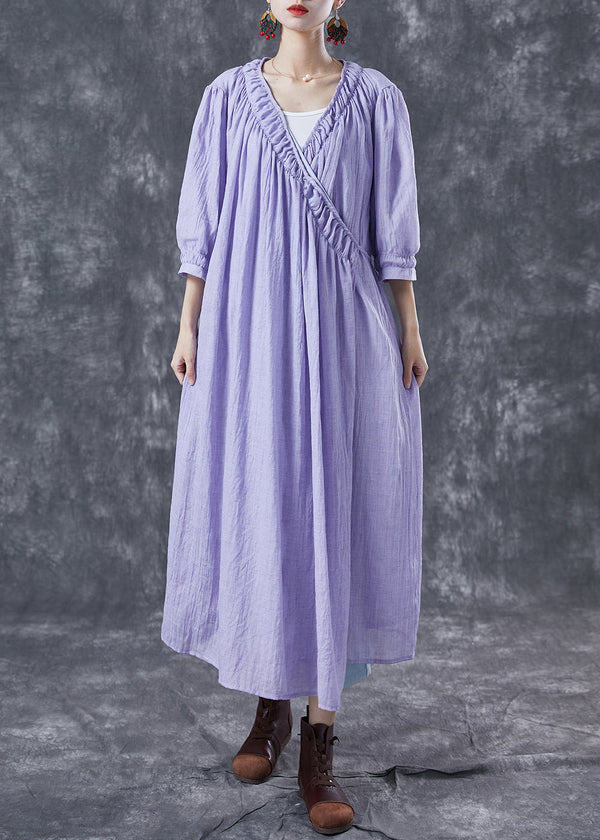 Modern Purple V Neck Wrinkled Cotton Holiday Dresses Summer