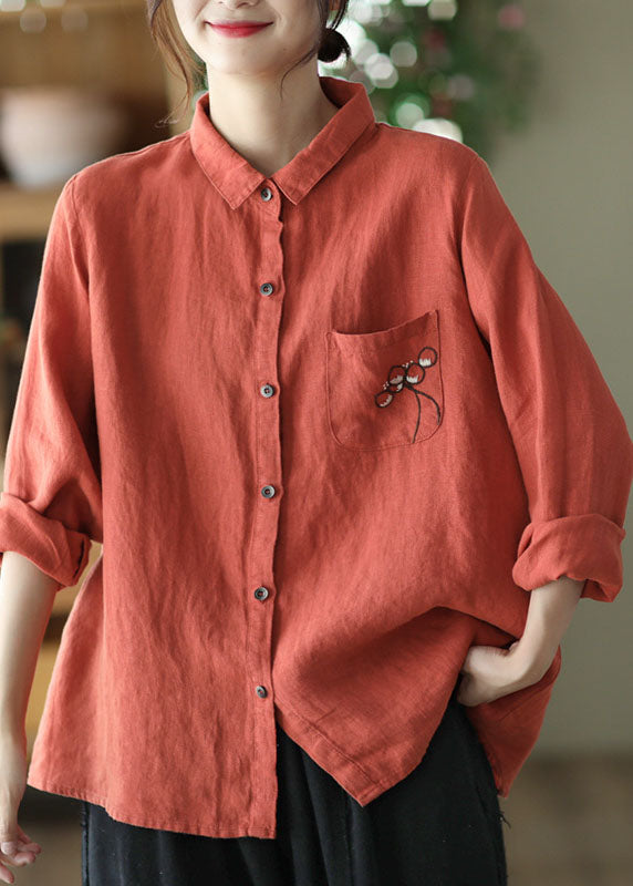 Modern Red Embroidered Button Patchwork Linen Shirt Top Spring