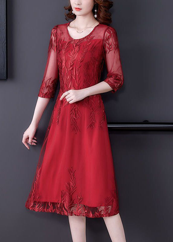 Modern Red Embroidered Slim Fit Tulle Long Dresses Vestidos Half Sleeve