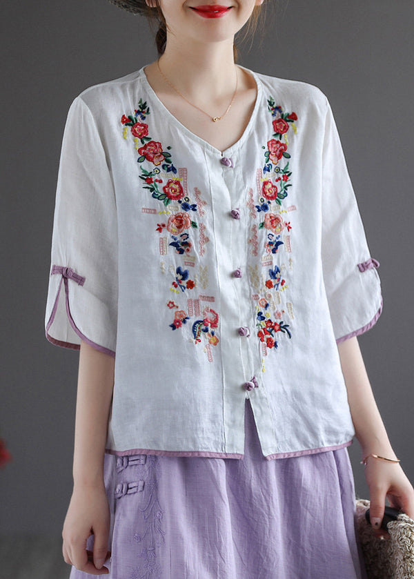 Modern White V Neck Embroidered Floral Button Linen Shirt Half Sleeve