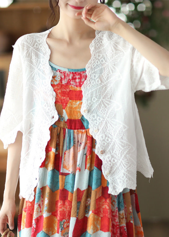 Modern White V Neck Embroidered Floral Cotton Cardigan Short Sleeve