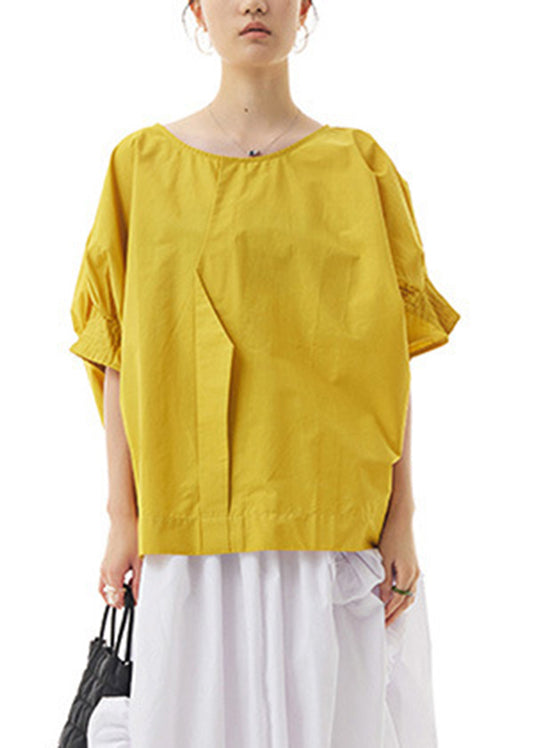 Modern Yellow Patchwork Wrinkled Cotton Shirts Summer